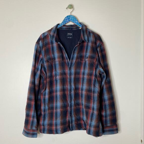 PRANA Mens Glover Park Blue Red Plaid Lined Flannel Shacket Size Large - Picture 9 of 9